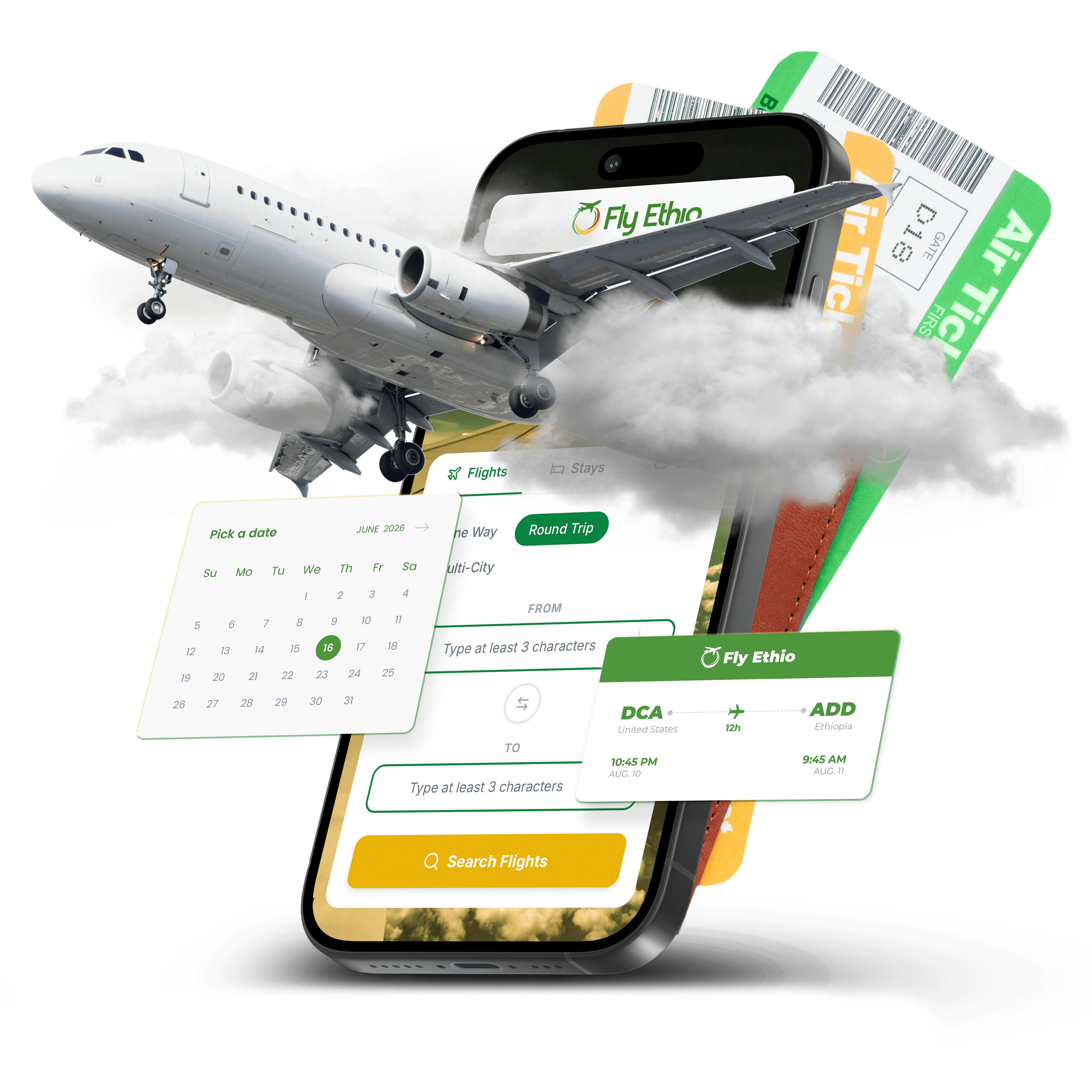 Fly Ethio mobile app mockup